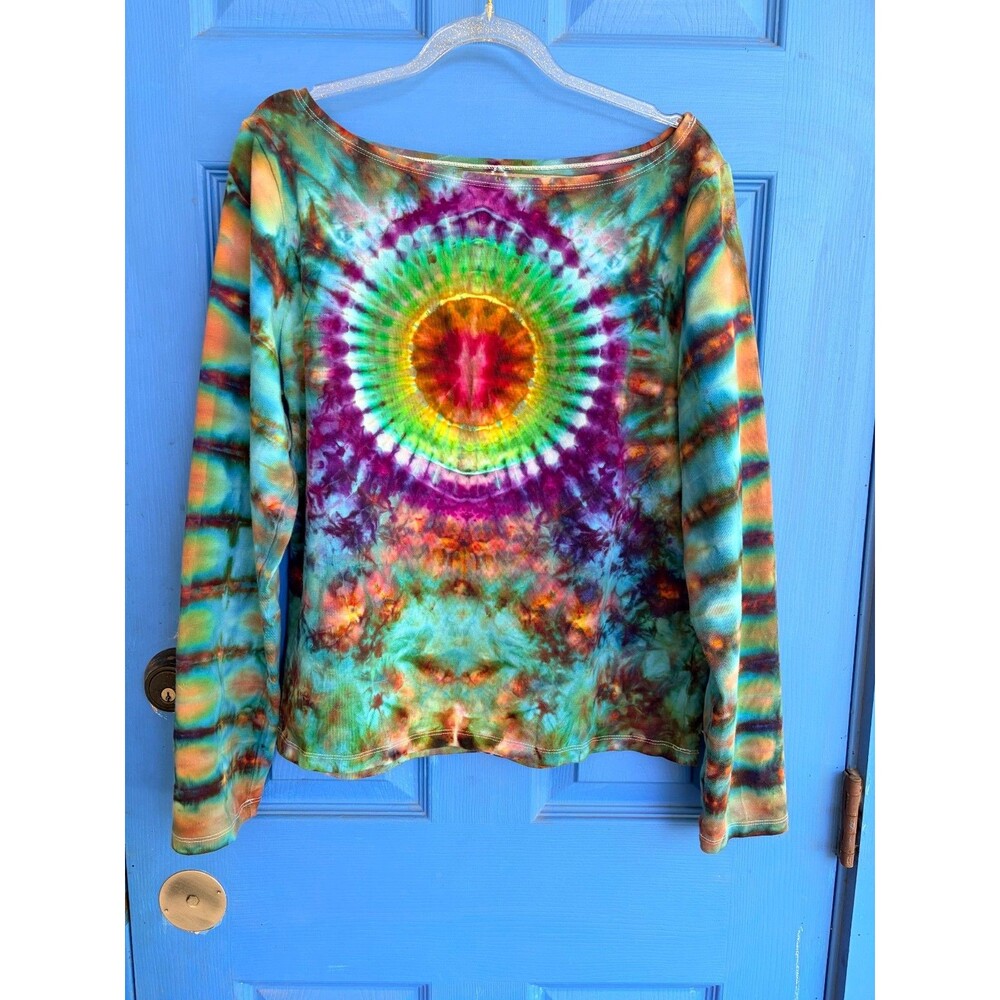 handmade mandala long sleeve tie dye t shirt women's boatneck ice dye